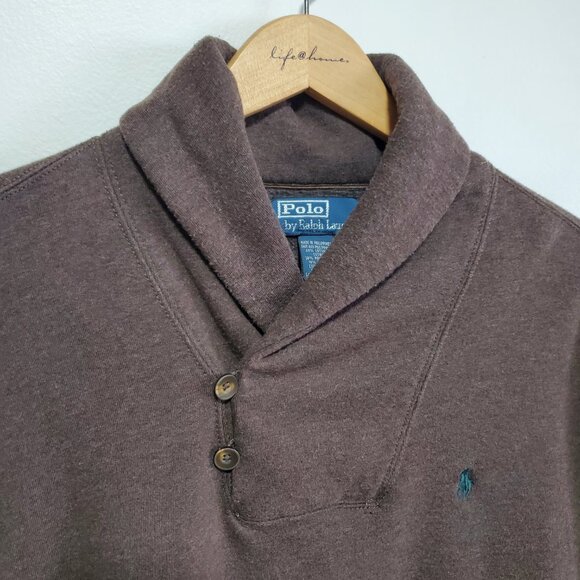 POLO RALPH LAUREN Shawl-Collar Pullover Sweatshirt Elbow Patch Brown Women's XL - Picture 2 of 13